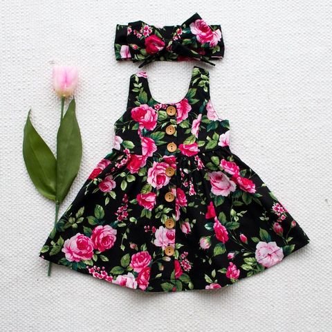 Summer Kids Princess Dress Girls Dress Floral Sleeveless Button Dresses  +Headband Outfits Baby Girl Clothes 1-4Years ► Photo 1/6