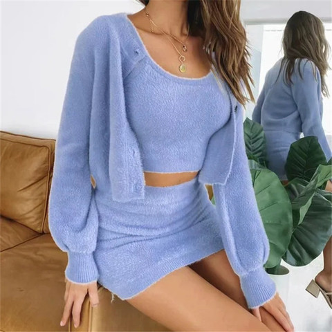 imitated mink knitted sweater coat of new fund of 2022 autumn winters + high three pockets hip skirt suits female ► Photo 1/5