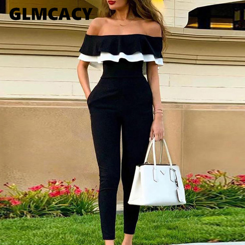 Women Off Shoulder Colorblock Ruffles Bodycon Jumpsuit Skinny Streetwear Office Ladies Slim Fit Black Jumpsuits ► Photo 1/5