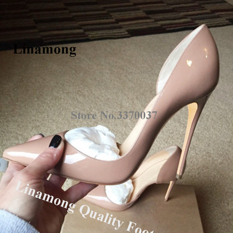 Linamong Sexy Patent Leather Pointed Toe Shallow Stiletto Heel Pumps 12cm Nude Black Shining High Heels Formal Dress Shoes ► Photo 1/6