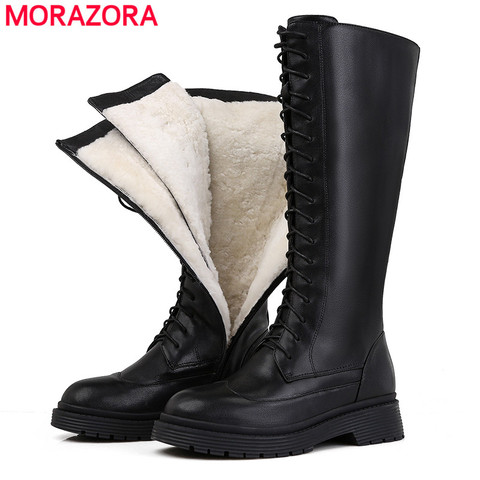 MORAZORA 2022 New Genuine leather boots women shoes lace up warm winter boots nature sheep wool mid calf boots ladies botas ► Photo 1/6