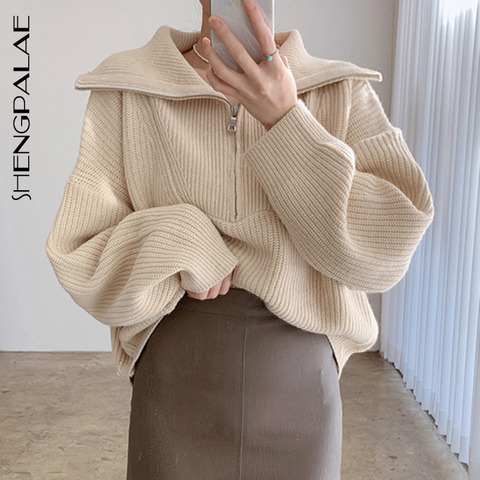 SHENGPALAE 2022 Autumn Winter Women's Sweater Fashion Thick Warm High-neck Large Size Long Sleeve Zipper Knit Pullovers 5A311 ► Photo 1/6
