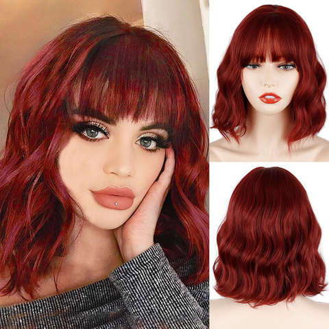 Beauty Short Bob Wigs for Women Synthetic Wavy Wigs with Bangs Shoulder Length Wine Red Wig Heat Resistant Fiber Cosplay hair ► Photo 1/6