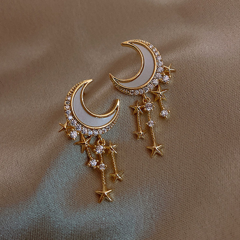 2022 New Trendy Star Moon Dangle Earrings Women Temperament Fashion Geometry Metal Pearl Zircon Pendant Earrings Party Jewelry ► Photo 1/6