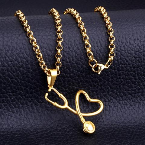 LUXUSTEEL collier acier inoxydable femme Gold Color Stethoscope and Heart Pendant Necklace Nurse Doctor Jewelry Collars Chokers ► Photo 1/6