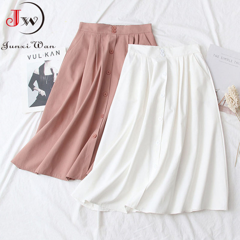 2022 Women Summer White Cotton Skirt Saia Casual Solid High Waist A-Line Elegant Chic Office Ladies Midi Skirts Faldas Jupe ► Photo 1/6