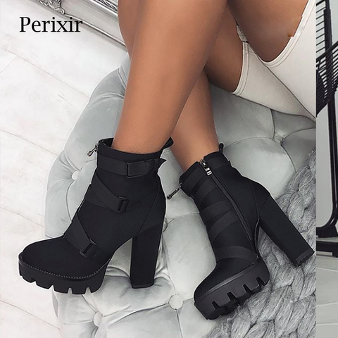 Perixir Platform Ankle Boots Women 12cm Thick Heel Platform Boots Fashion Ladies Autumn Winter Worker Shoes Black Big Size 36-43 ► Photo 1/6