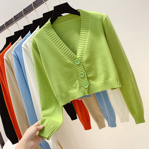Knitted Crop Cardigan Women Korean Short Sweater Long sleeve V neck Green Blue ► Photo 1/6