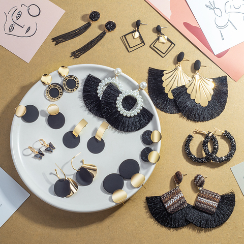 Vintage Black Statement Earrings Bohemian Tassel Drop Earrings for Women Fashion Korean Geometric Dangle Earring 2022 Jewelry ► Photo 1/6