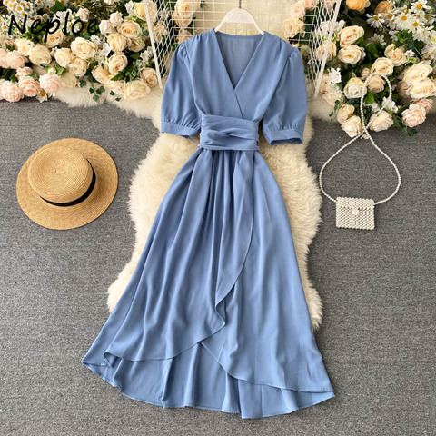 Neploe Fench Style Women Dresses 2022 New Solid Temperament Puff Sleeve Vestidos Sashes Irregular Split Ruffles Female Dress ► Photo 1/6