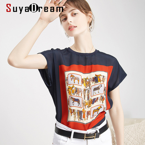 SUYADREAM Women 100% REAL SILK Print T Shirt Short Bat Sleeved Casual O neck Shirts 2022 Spring Summer Tops ► Photo 1/6