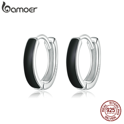 bamoer 1 Pair Silver Black Hoop Earrings for Women 100% 925 Sterling Silver Enamel Drop Oil Earring Party Jewelry SCE1047 ► Photo 1/6