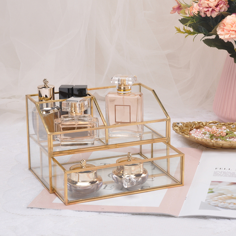 Luxury Glass Box Clear Tone Metal Jewelry Storage Case Cosmetic Makeup Lipstick Vanity Cabinet for Decorative Keepsake Organizer ► Photo 1/6