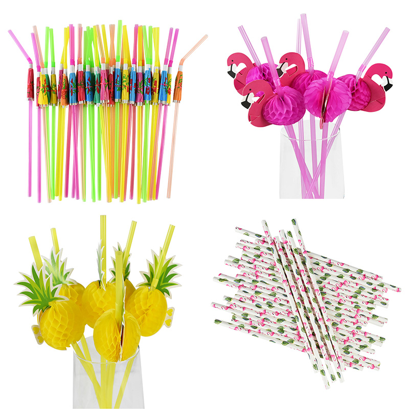 Flamingo Party Straws - Set of 5 Flamingo Disposable Paper Straws