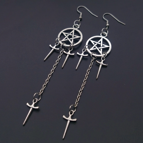 Pentagram Swords Earrings Silver Plated Huggie Hoops Dangle Witchy Jewelry Pagan Wiccan Tarot Gothic Emo Women Gift ► Photo 1/2