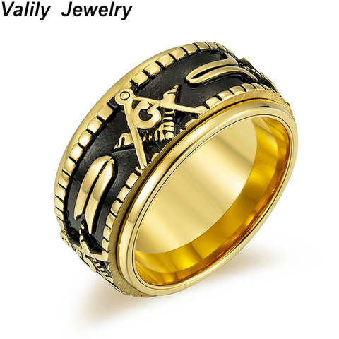 Valily Men's Gold Color Spinner Freemason Ring Stainless Steel Rune Rotating Ring Mason Masonic Rings Jewelry for Man  Gift ► Photo 1/6