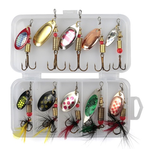 10pcs/Lot Metal Spinners Fishing Lure Set with Feather Brass Color Hook Sequin Spoons Wobbler Bait Pike Trout Fishing Pesca Isca ► Photo 1/6