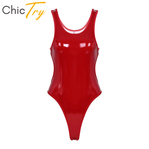 ChicTry Adult Shiny Metallic PU Leather Backless High Cut Leotard Nightclub Festival Rave Pole Dance Costume Women Sexy Bodysuit ► Photo 1/6