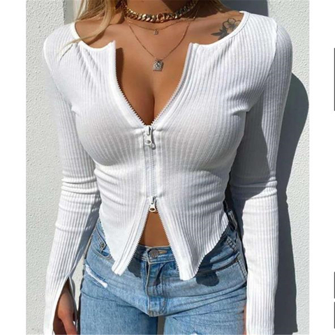 Women T-shirt Spring Autumn Clothes Ribbed Knitted Long Sleeve Crop Tops Zipper Design Tee Sexy Female Slim Black White Tops ► Photo 1/6