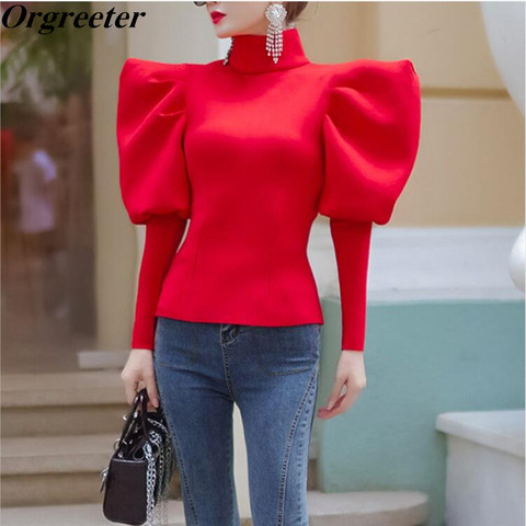 Sexy Multi Wearing Blouse Women's Long Puff Sleeve Ruched Slim Space Cotton Shirt Streetwear Female Spring Fall Fashion New ► Photo 1/1