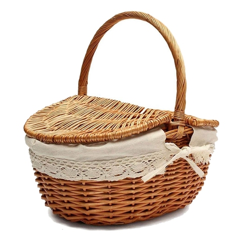 Handmade Wicker Basket with Handle, Wicker Camping Picnic Basket with Double Lids, Shopping Storage Hamper Basket with Cloth Lin ► Photo 1/6