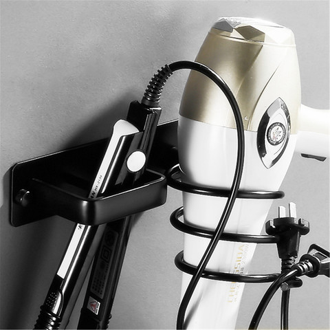 Wall Mounted Bathroom Black Hair Dryer Holder Space Aluminum Hair Straightener Holder Storage Bathroom Shelf Accessories ► Photo 1/6