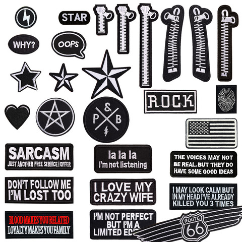 New Black White Letter Slogan Zipper Embroidered Iron on Patches for Clothing Star Heart Appliques Stripe Clothes Sticker Badge ► Photo 1/5