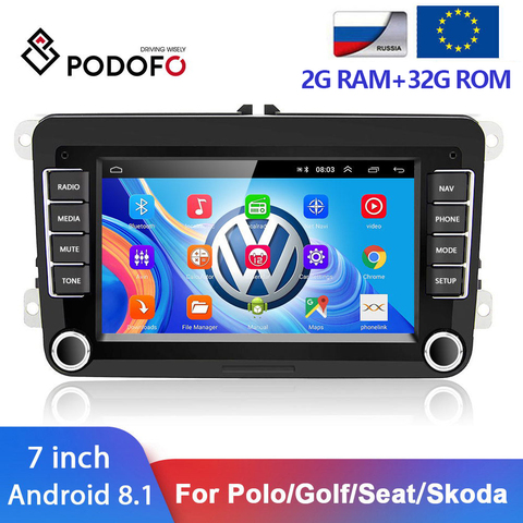 Podofo Android 8.1 2Din Car Multimedia Player For VW/Golf/Polo/Tiguan/Passat/SEAT/Leon/Skoda/Octavia/Jetta 2 DIN GPS WIFI Radio ► Photo 1/6