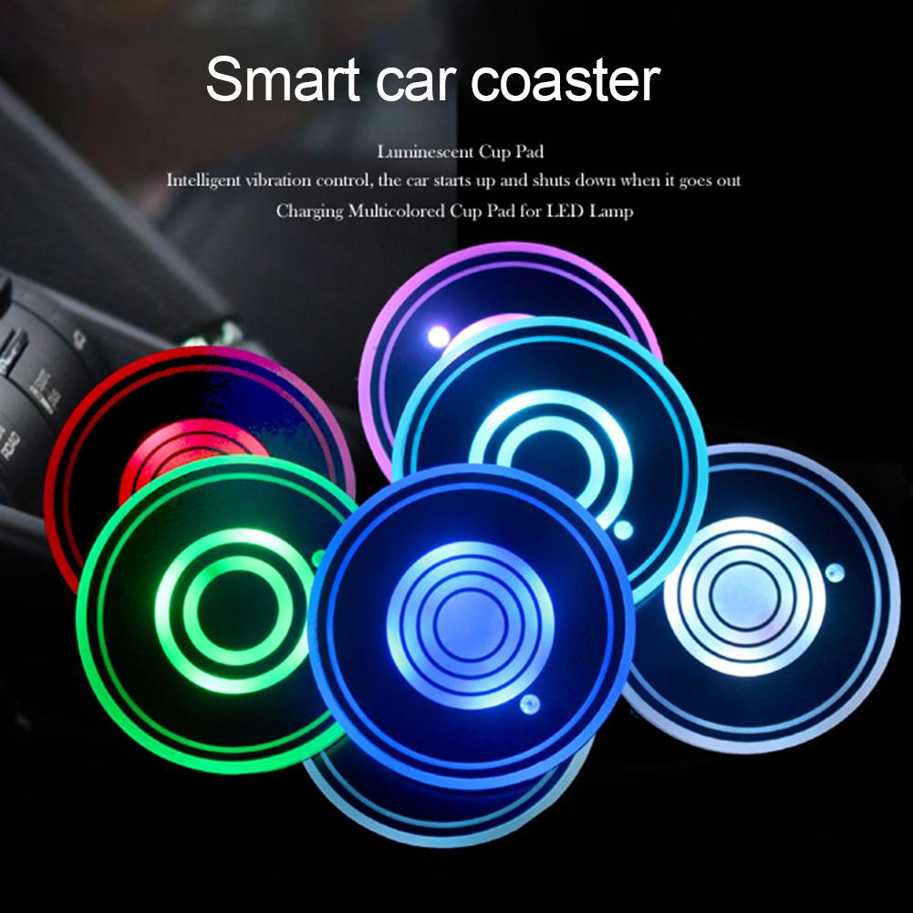 2 Pcs Solar+USB Charging RGB LED Car Cup/Bottle Pads Colorful Decoration Lights