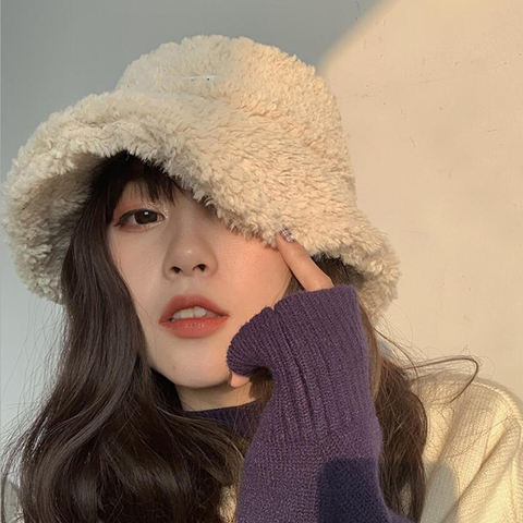 Winter Thick Warm Soft Lamb Wool Women Bucket Hat Solid Color Female Ladies Flat Top Hat Winter Beanie Bonnet ► Photo 1/6