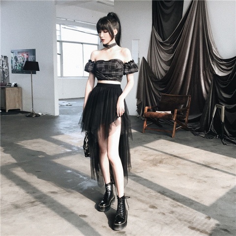 Women's High Waist Bust Mesh Skirt Short Front and Long Back 2022 Korean New Office Lady  Ball Gown  Knee-Length ► Photo 1/5