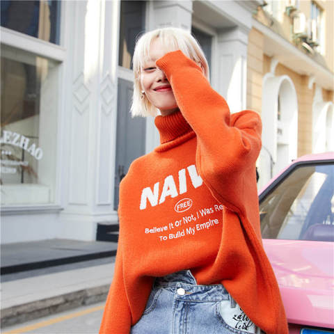 ELFSACK Orange Letter Jacquard Knitted Casual Pullover Sweater Women,2022 Autumn ELF Red Stylish Korean Ladies Warm Daily Top ► Photo 1/6