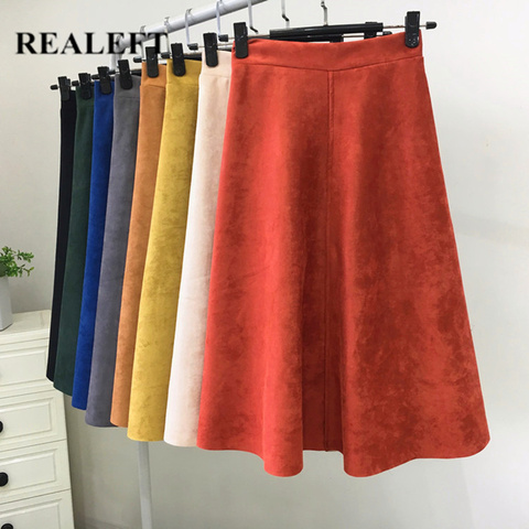 REALEFT New 2022 Autumn Winter Women Suede Midi Skirts High Waist Multi Color Elegant A-Line Skirts Umbrella Ladies Skirt Female ► Photo 1/6