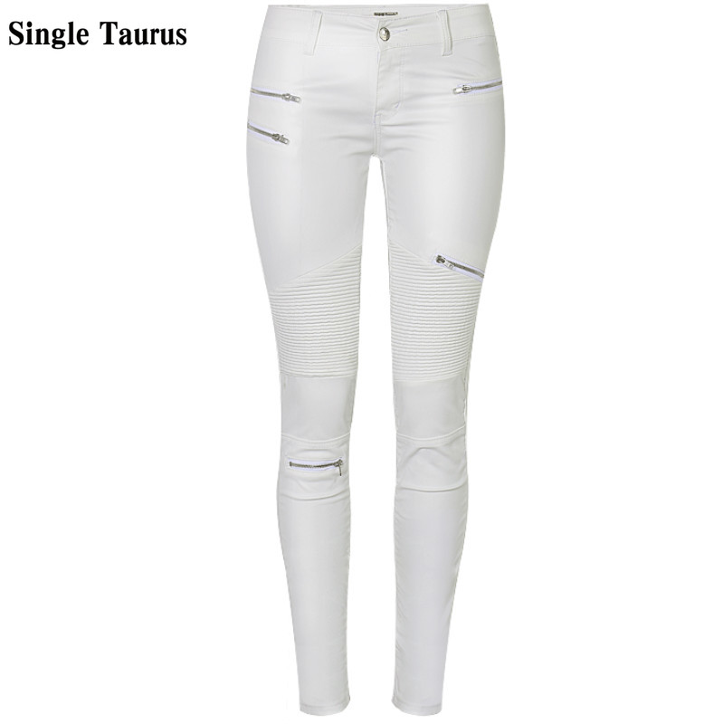 Low Waist Leather PU Pants Women Streetwear Fake Zippers White