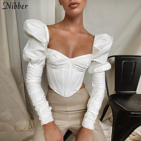 Nibber Elegant Romantic Irregular Croped Corset Top Women Stylish Puff Sleeve Vacation Crop Top Skinny Casual Streetwear Female ► Photo 1/6