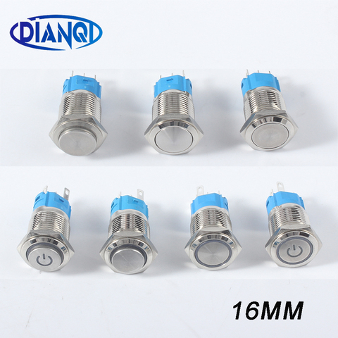 16mm LED/NO LED push button switch Latching Momentary Metal press Push Button waterproof  metal switch Rring Power mark ► Photo 1/6