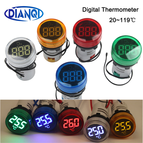22mm Mini plastic LED digital thermometer 50-380V AC 20-119 Celsius Blue Red White Yellow Green pilot light temperature meter ► Photo 1/6