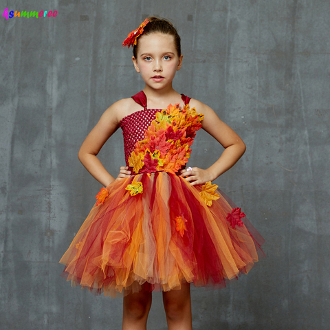 Autumn Fairy Girls Tutu Dress Maple Leaves Kids Tulle Dress with Headband Children Flower Dresses for Halloween Christmas ► Photo 1/6