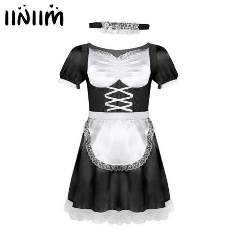 iiniim Mens Sissy French Maid Uniform Fancy Dress Sexy Funny Costumes Clubwear Parties Satin Dress with Choker and Headband ► Photo 1/6