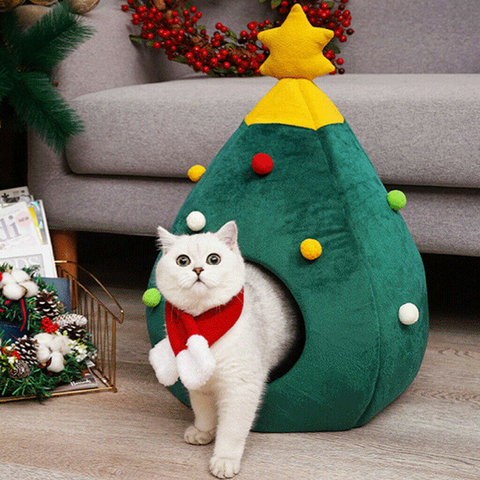 Pet House Cat Christmas Tree Shape Bed Dog Nest Puppy Cave Washable Cat Mat Warm Soft Winter Cat House Pet Supplies Pet Bed ► Photo 1/6