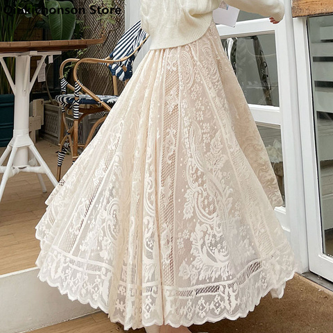 Long Maxi Skirts For Women Spring Summer Korean Cute Princess Style Elastic High Waisted A-Line Floral Lace Skirt White Black ► Photo 1/6