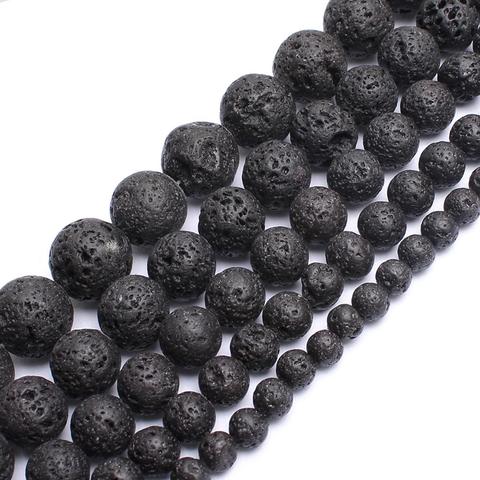 Wholesale 4-14mm Natural Black Volcanic Lava Stone Round Beads 15