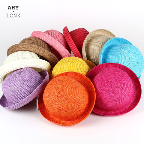 Wholesale Baby Straw Hat Solid Color Kids Character Decoration Infant Sun Hats Girl Boys Bucket Cap Children Beach Panama Caps ► Photo 1/6