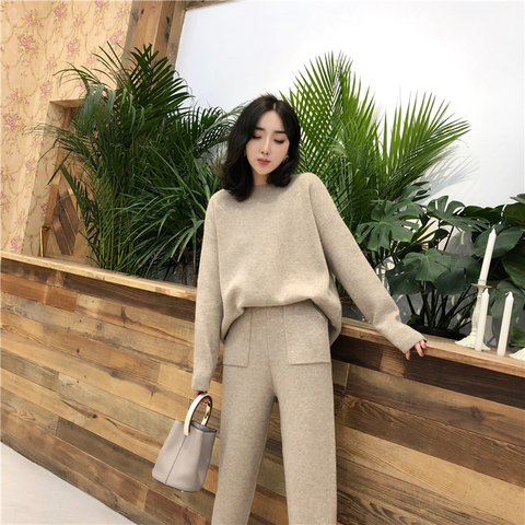 Women's suit Winter Knitted 2 pieces Set Tracksuits Women Thick Warm O-neck Loose Sweater+Ankle-Length Pants Warm Cashmere Suit ► Photo 1/6