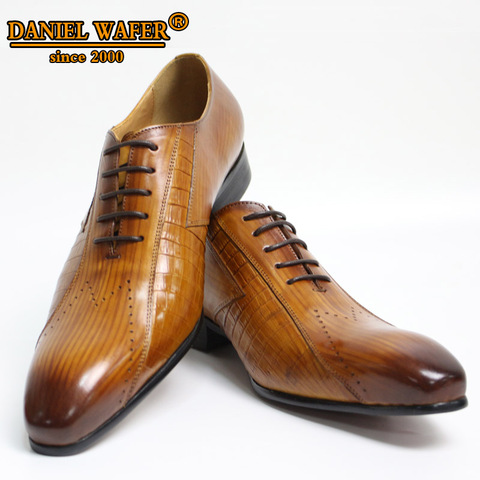 Luxury Italian Men Oxford Shoe Genuine Leather Men Dress Shoes Brown Black Pointed Toe Lace Up Wedding Business Men Formal Shoes ► Photo 1/6