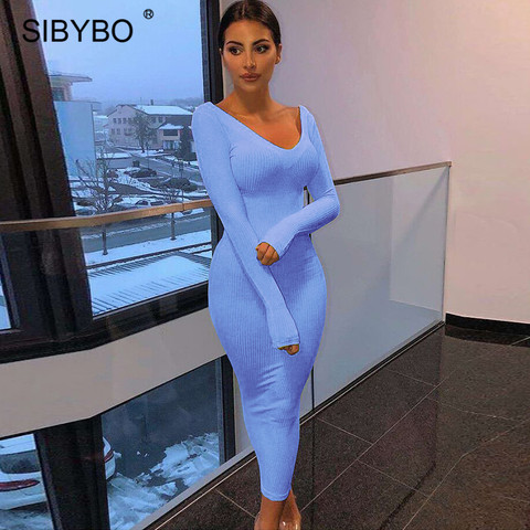 Sibybo Winter Ribbed Knitted Cotton Dress Women Off Shoulder Long Sleeve Sexy Bodycon Dresses Elastic Slim Party Vestidos 2022 ► Photo 1/6