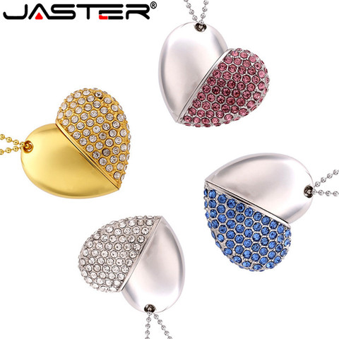 JASTER metal diamond love heart shape USB Flash Drives hearts with chain pendrive 4GB 8GB 16GB 32GB 64GB necklace memory stick ► Photo 1/6