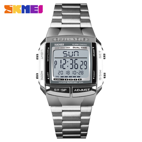 SKMEI Steel Band Quartz Digital Sports Watches Top Brand Men LED Electronic Waterproof Watch TOP Male Clock Relogio Masculino ► Photo 1/6