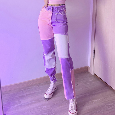 2022 New hip hop autumn Blue/Pink patchwork Jeans women High waist Hip hop straight Jeans ladies trousers female denim for woman ► Photo 1/6