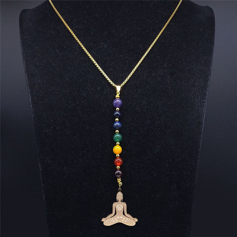 Yoga Buddha 7 Color Chakra Stone Stainless Steel Chain Necklaces Women Gold Color Long Necklaces Jewelry gargantilla NXS04 ► Photo 1/5